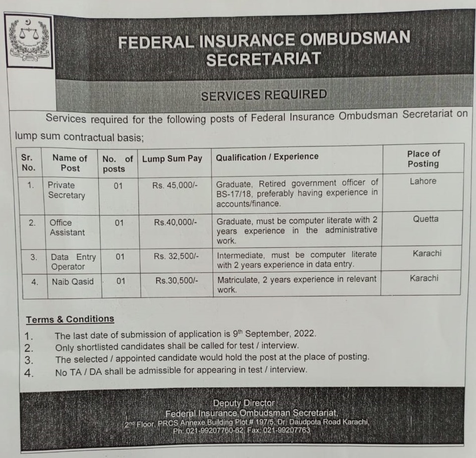 Federal Insurance Ombudsman Secretariat Jobs
