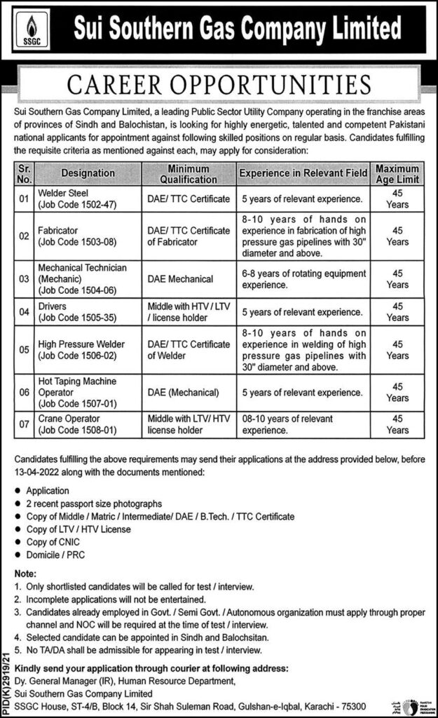 Sui Gas Department New Jobs