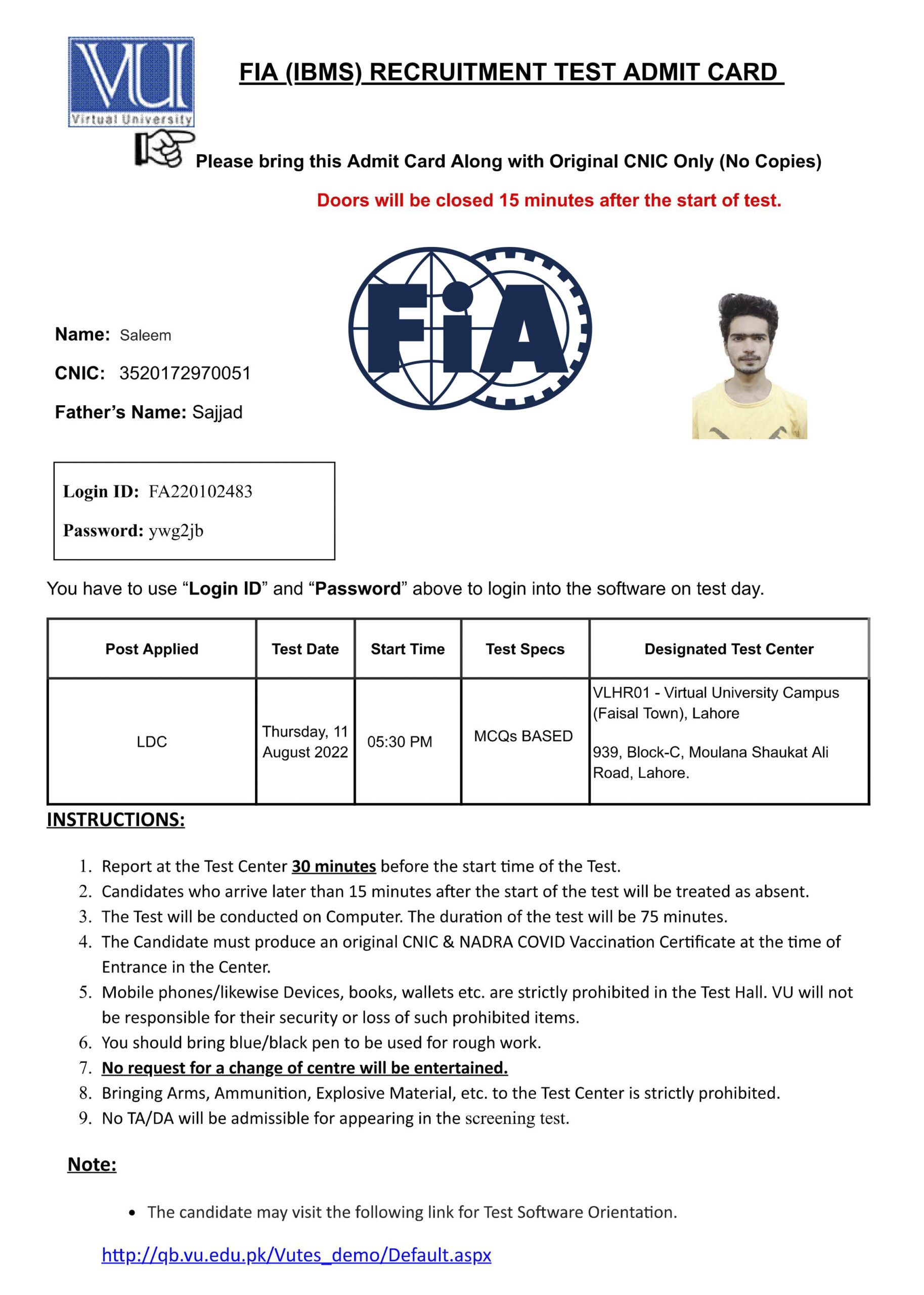 FIA Roll Number Slips Federal Investigation Agency Roll Number Slips 