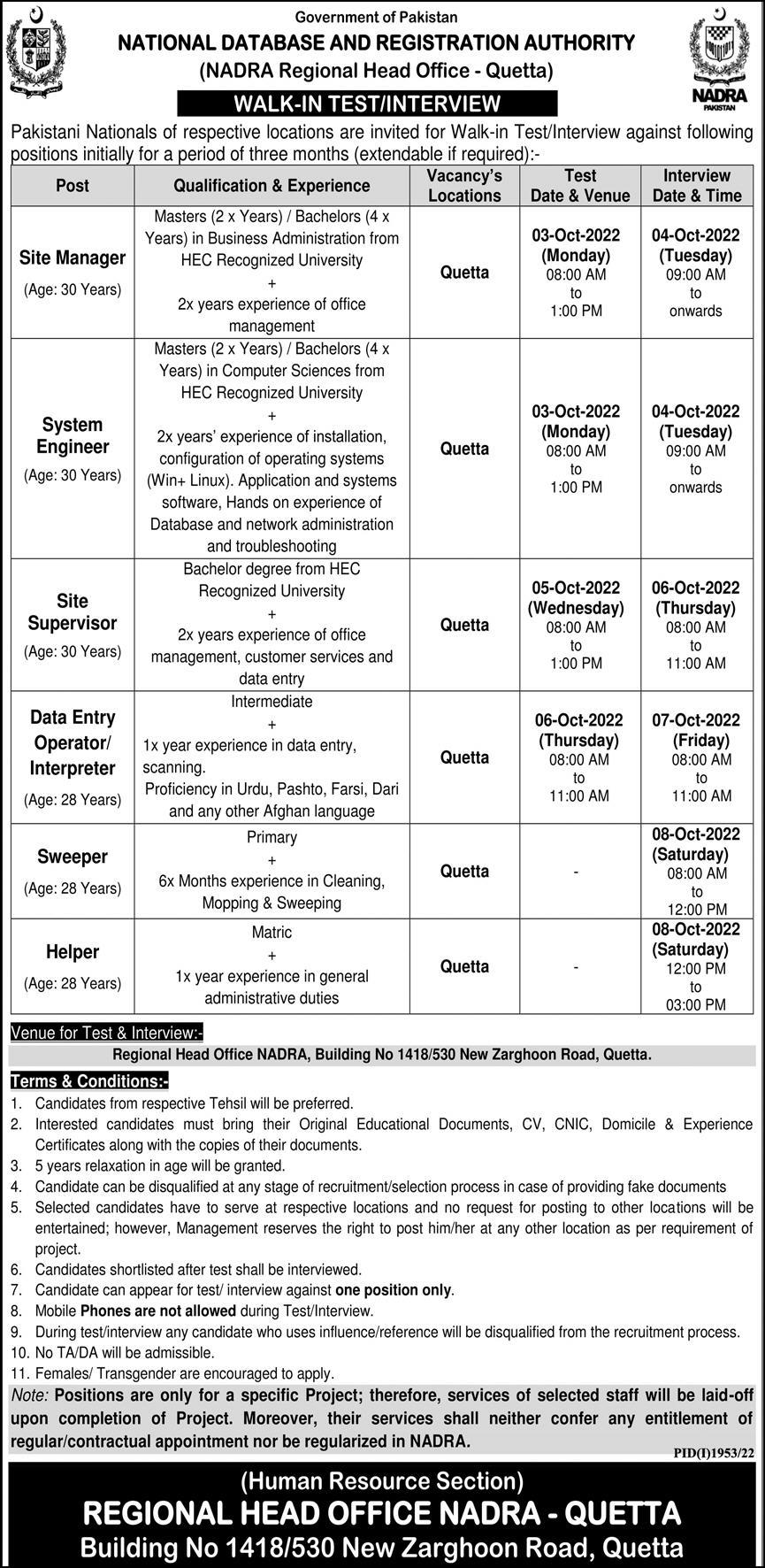 NADRA Regional Head Office Quetta jobs