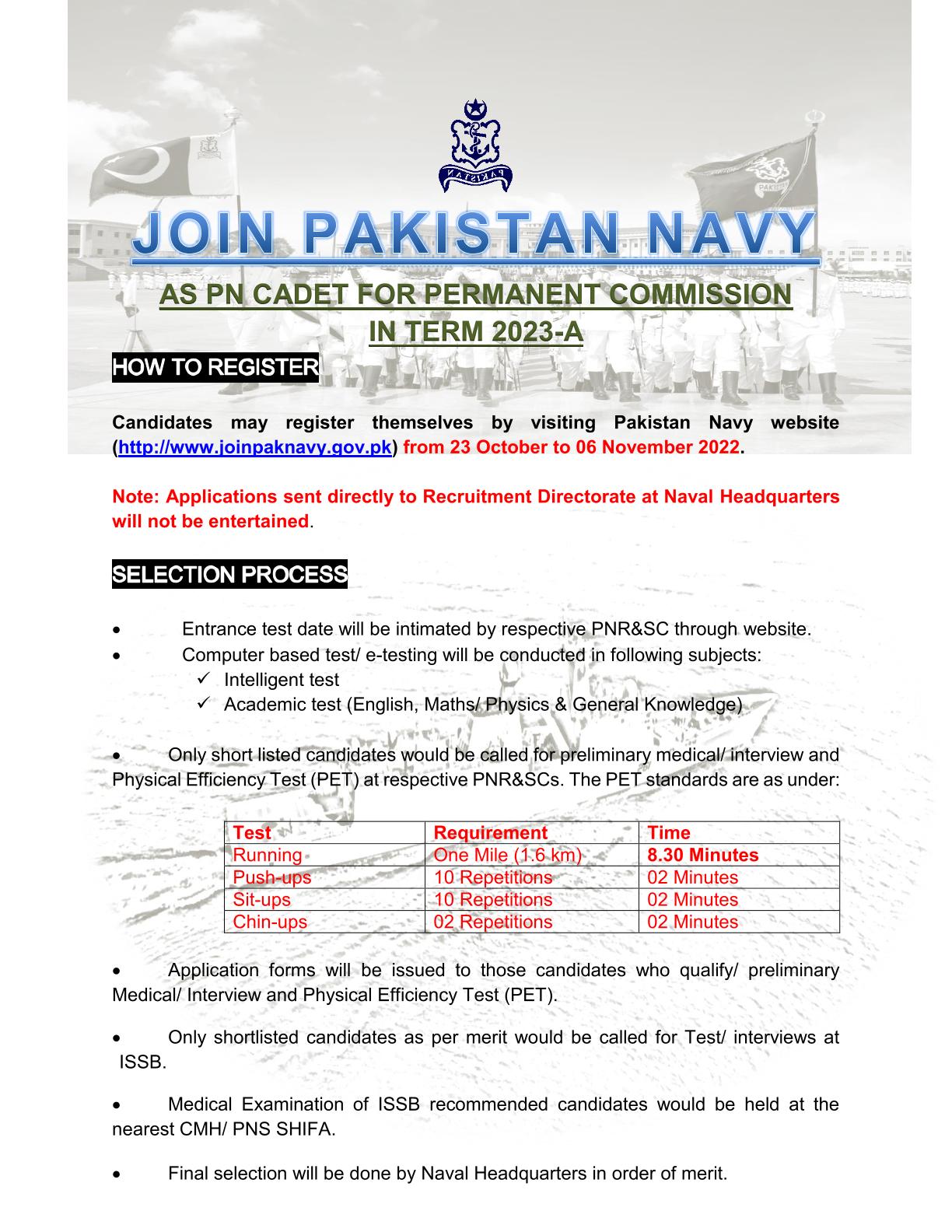 Jobs for PN Cadet in Pak Navy 2022